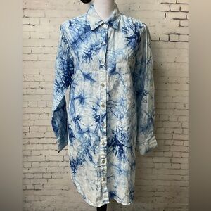 Karen Kane 100% Linen Blue Tie Dye Long Sleeve Button Up Shirt Dress Sz.M (H1)